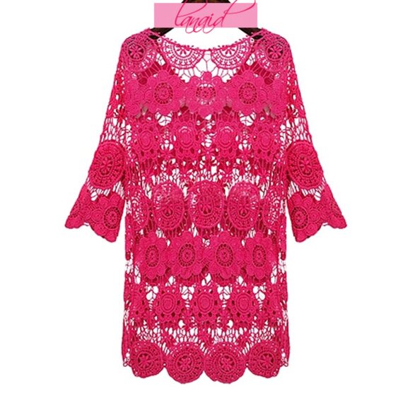 Hot Pink Open Knit Floral Sheer Cutouts Crochet Yarn Tunic Fuchsia See-Through - Picture 3 of 5